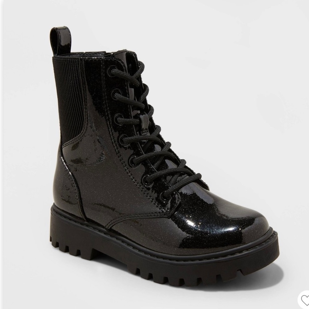 Girls Rochelle Glitter Zipper Lace-Up Combat Boots. Size 5 Girls. Black.
